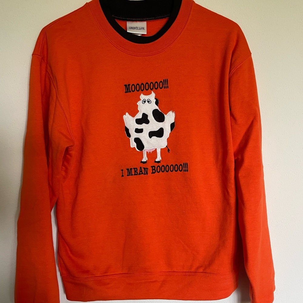 Orange Cow Print Crew Neck Sweater